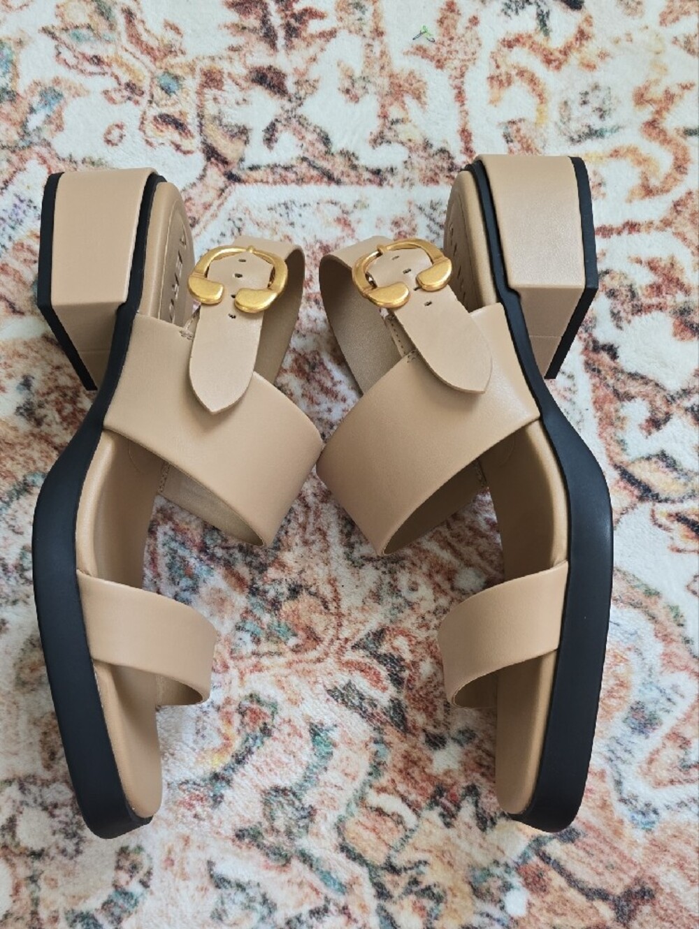 NWOT AEROSOLES Dove Sandals Double-Strap Block Heel Gold Buckle Natural Beige 10 - Picture 4 of 7
